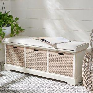 White Upholstered Lanie 3-Drawer Storage Bench