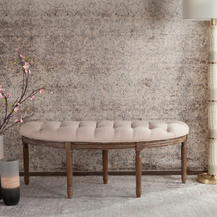 Beige Tufted Linen Abi Semicircle Bench