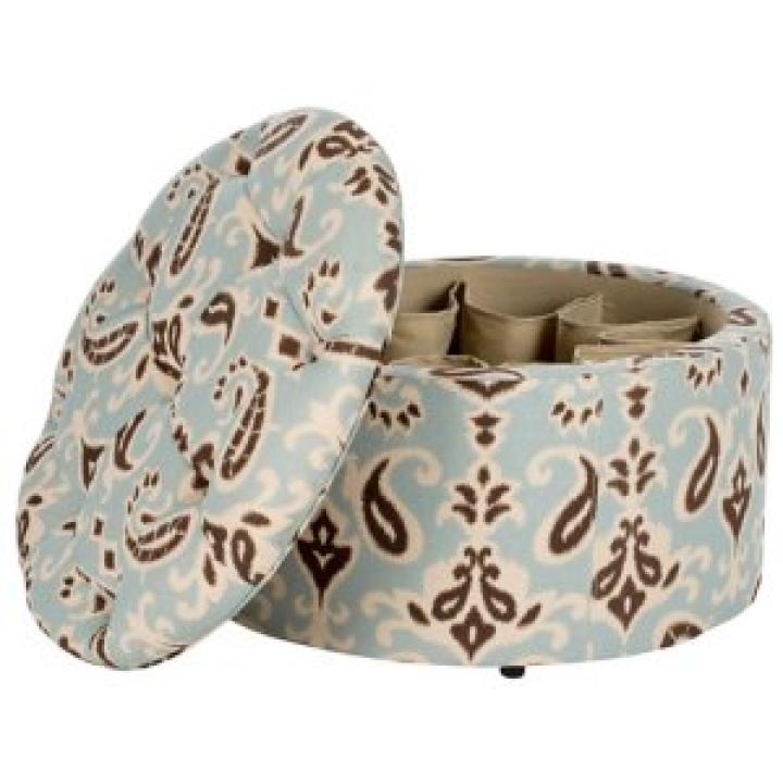 Light Blue Paisley Tufted Shoe Storage Ottoman