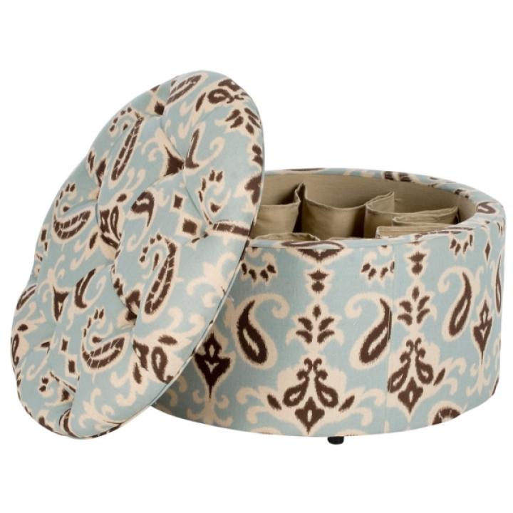 Light Blue Paisley Tufted Shoe Storage Ottoman