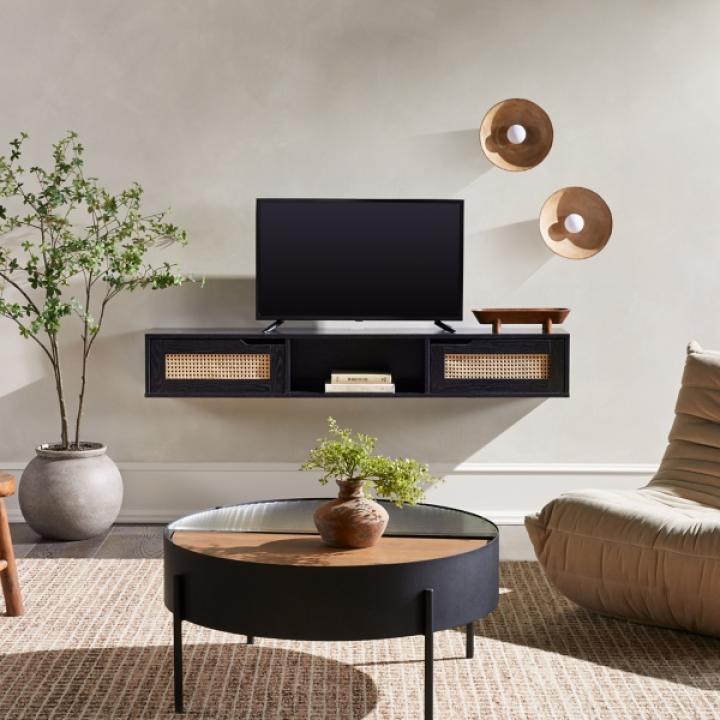 Black Modern Rattan Floating TV Stand