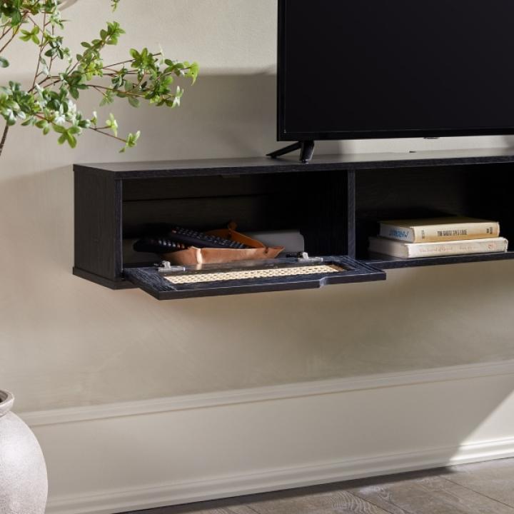 Black Modern Rattan Floating TV Stand