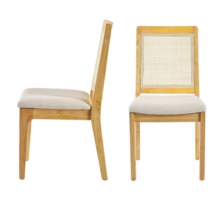 Natural Wood & Rattan Dining Chairs, Set of 2