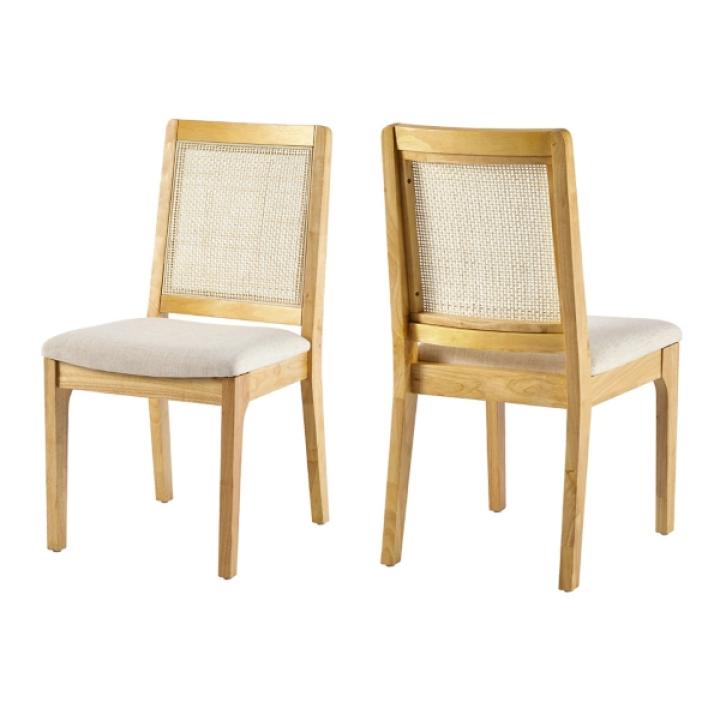 Natural Wood & Rattan Dining Chairs, Set of 2