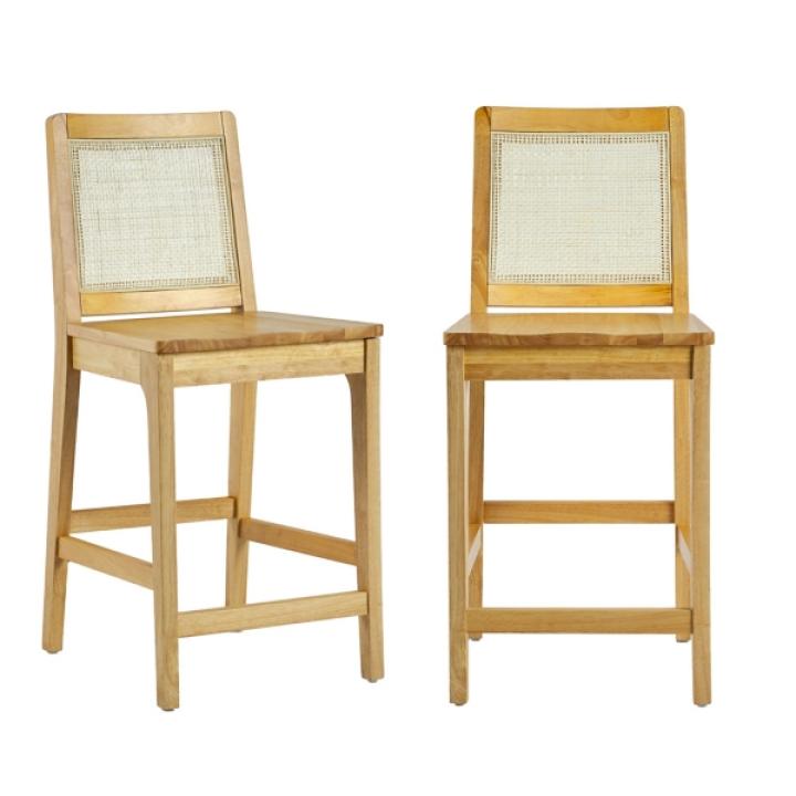 Natural Wood & Rattan Counter Stools, Set of 2