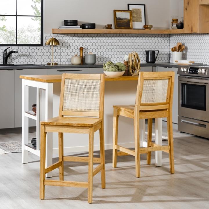Natural Wood & Rattan Counter Stools, Set of 2