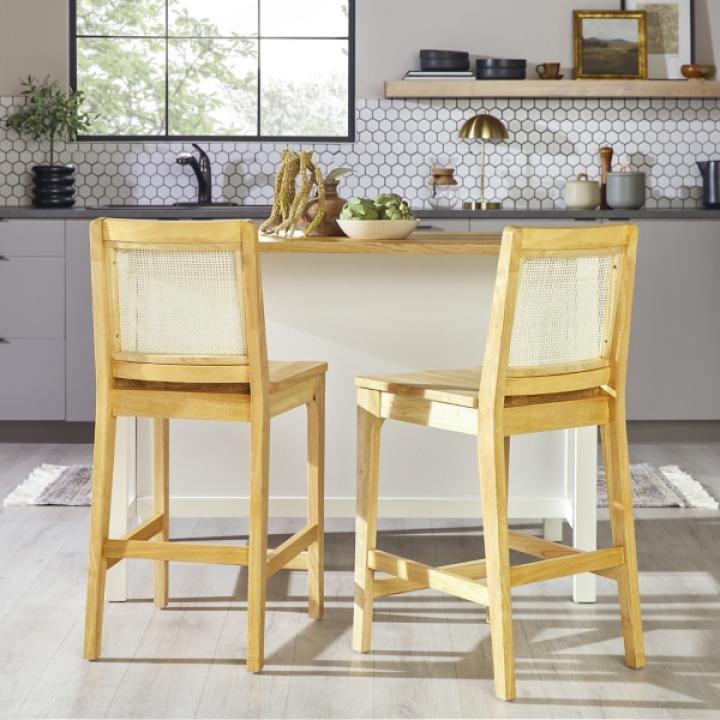 Natural Wood & Rattan Counter Stools, Set of 2