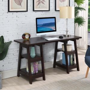 Mocha Brown Double Trestle Desk with Shelves