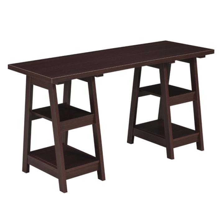 Mocha Brown Double Trestle Desk with Shelves