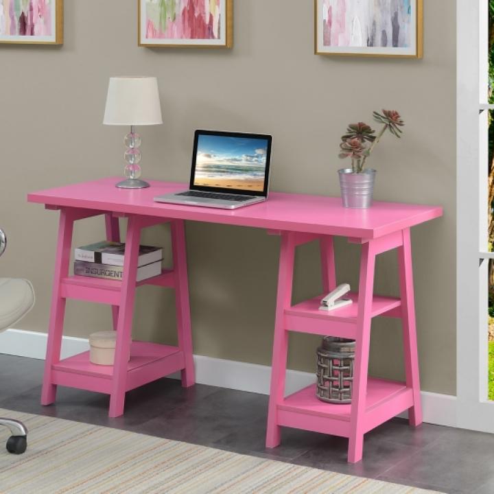 Hot Pink Double Trestle Desk with Shelves