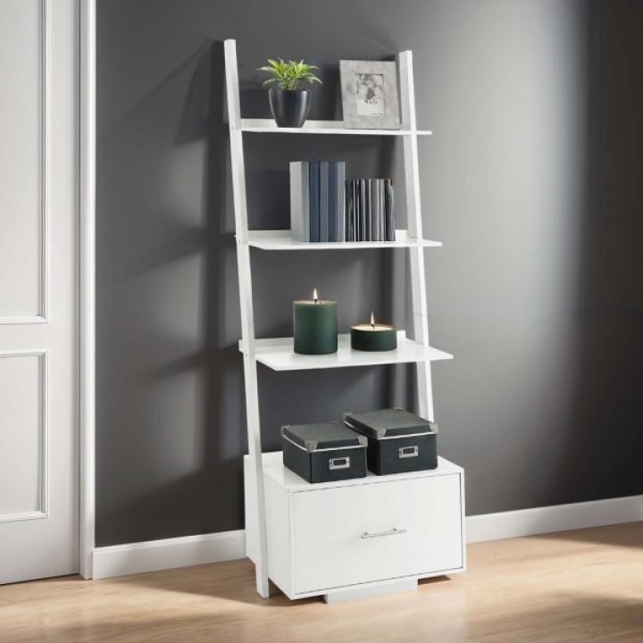 Heritage White Ladder Bookshelf with Drawer
