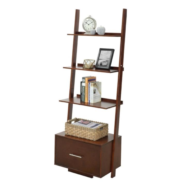 Heritage Walnut Ladder Bookshelf with Drawer