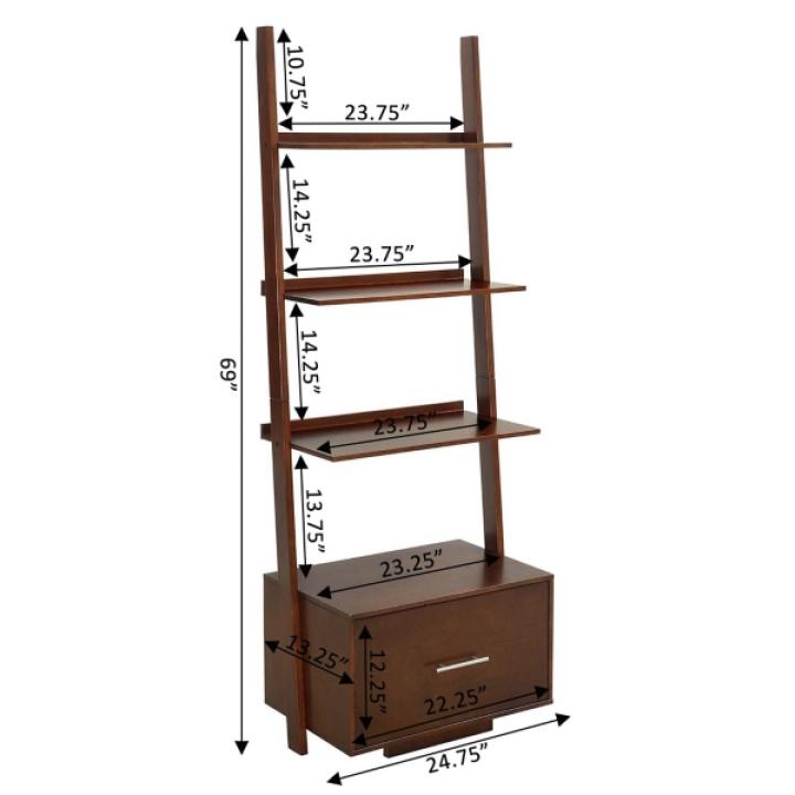 Heritage Walnut Ladder Bookshelf with Drawer
