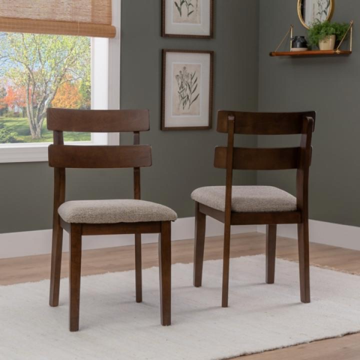 Brown Wood Slatted Back Dining Chairs, Set of 2