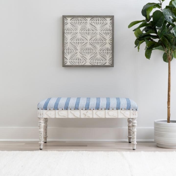 Blue Striped Upholstered Wood Seashell Bench