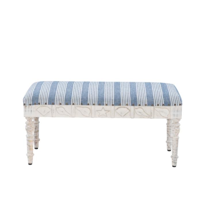 Blue Striped Upholstered Wood Seashell Bench