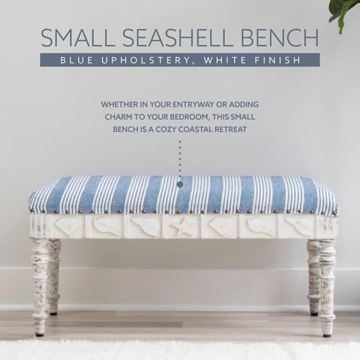 Blue Striped Upholstered Wood Seashell Bench