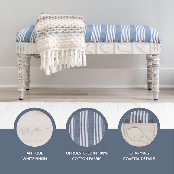 Blue Striped Upholstered Wood Seashell Bench