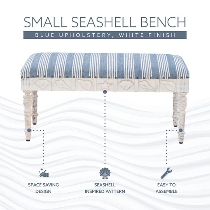 Blue Striped Upholstered Wood Seashell Bench