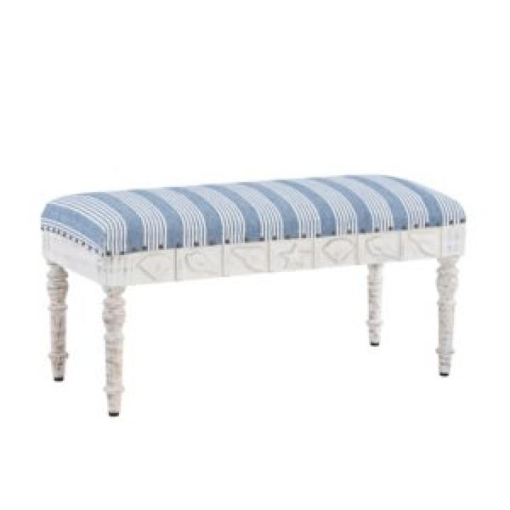 Blue Striped Upholstered Wood Seashell Bench
