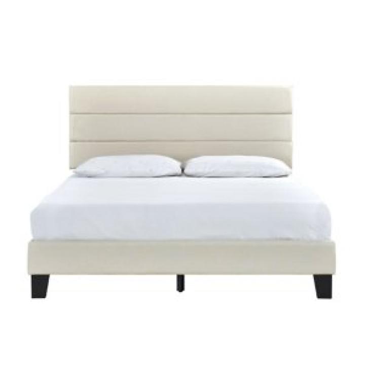 Beige Plush Linen Queen Platform Bed