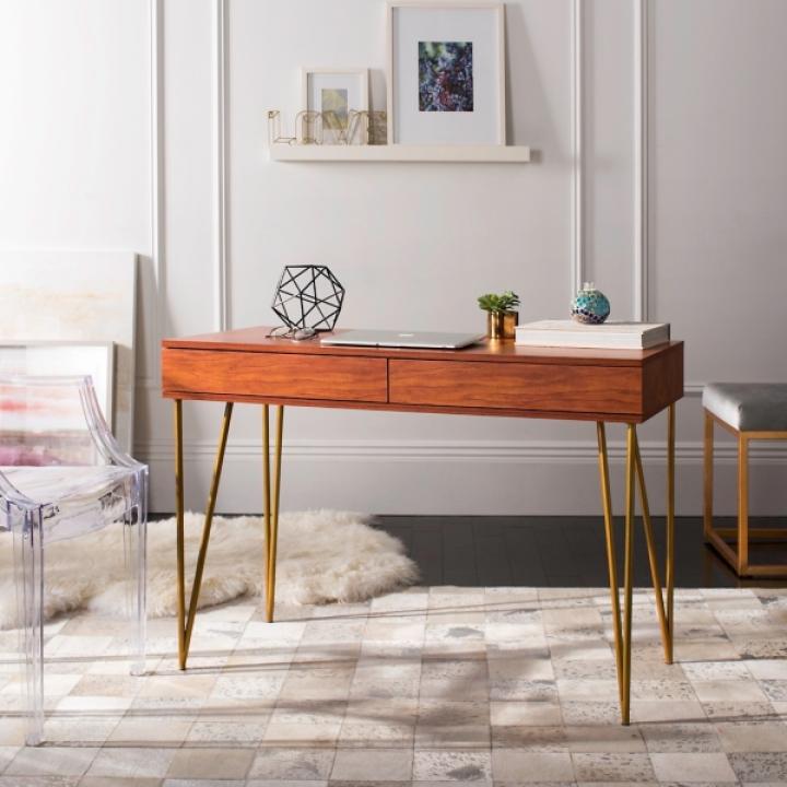 Natural Wood and Gold Mid-Century Desk
