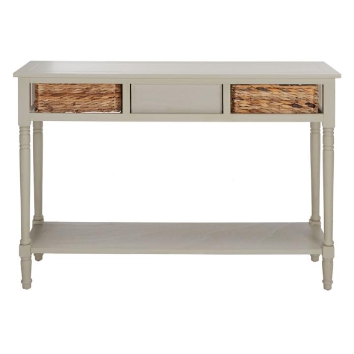 Gray Pine Wood Rattan Drawer Console Table