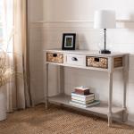 Gray Pine Wood Rattan Drawer Console Table