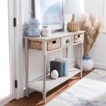 Gray Pine Wood Rattan Drawer Console Table