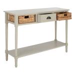Gray Pine Wood Rattan Drawer Console Table