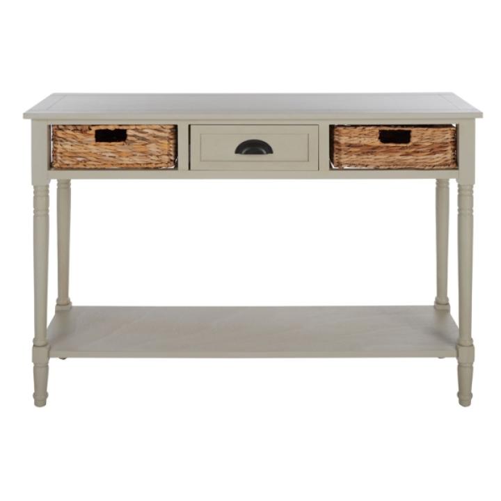 Gray Pine Wood Rattan Drawer Console Table