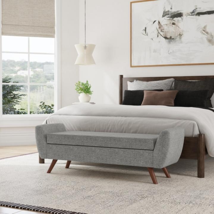 Gray Woven Storage Bench with Wood Legs