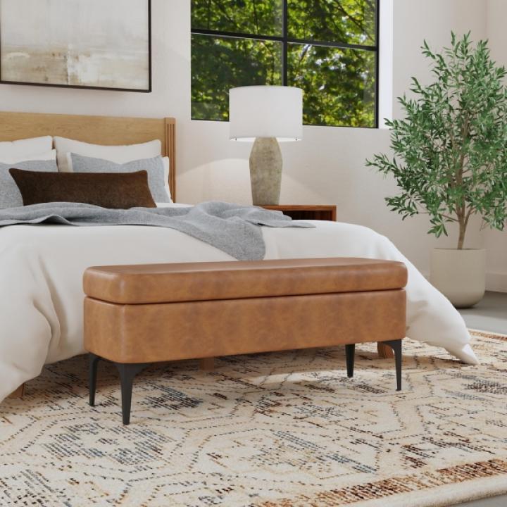 Rounded Caramel Faux Leather Storage Bench