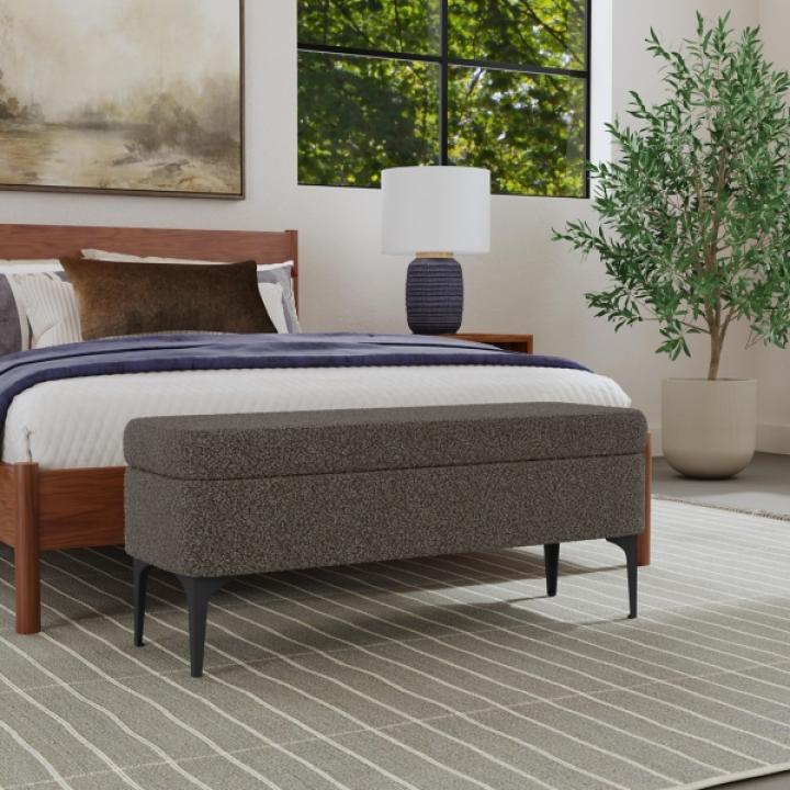 Rounded Dark Brown Boucle Storage Bench