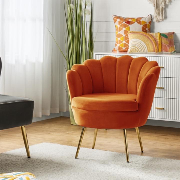 Donata Orange Velvet Scalloped Barrel Accent Chair