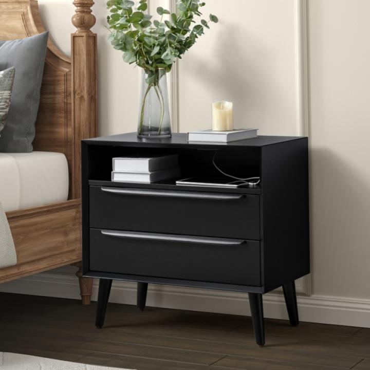 Frieda Black Wood 2 Drawer Charging Nightstand