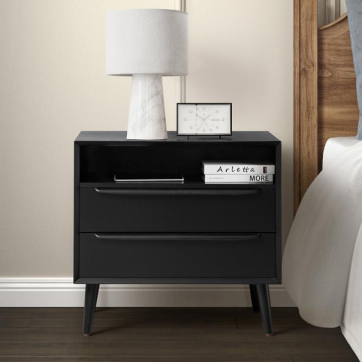 Frieda Black Wood 2 Drawer Charging Nightstand