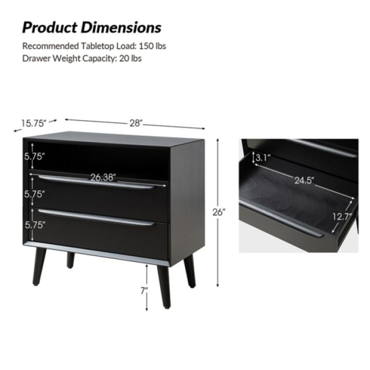 Frieda Black Wood 2 Drawer Charging Nightstand