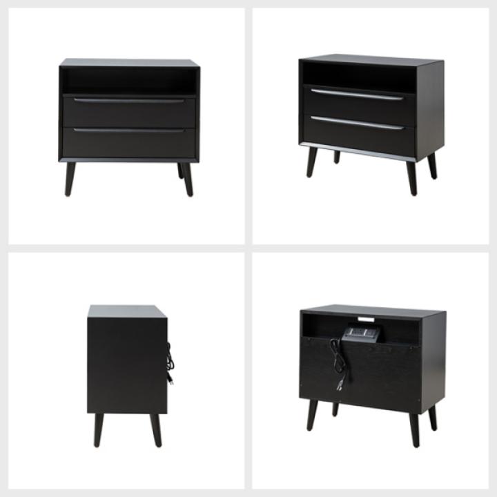 Frieda Black Wood 2 Drawer Charging Nightstand
