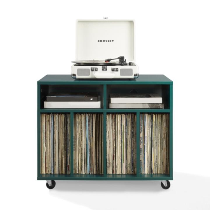 Carlo Teal Rolling Record Storage Media Console