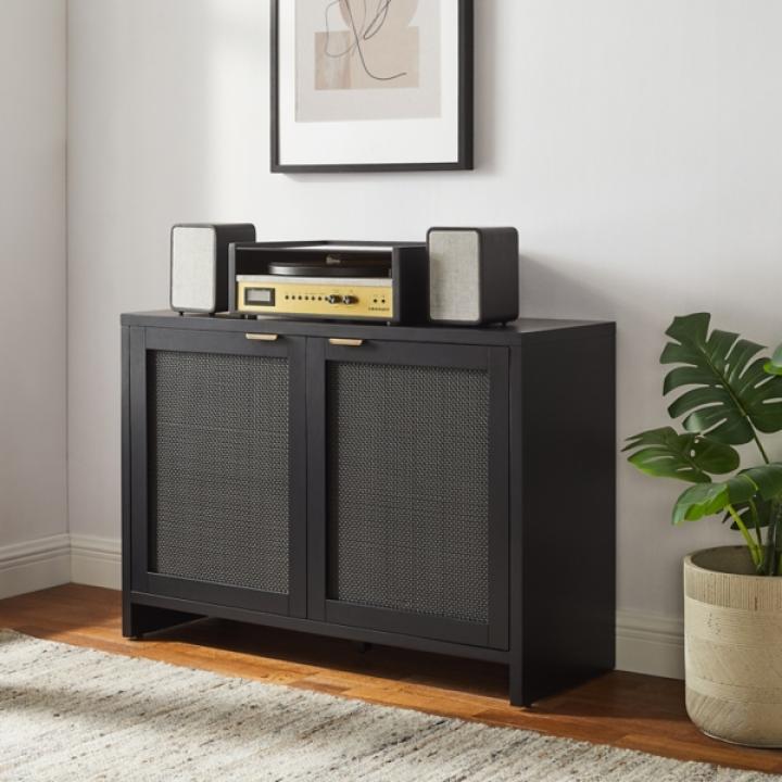 Kenji Black Rattan Record Storage Media Cabinet