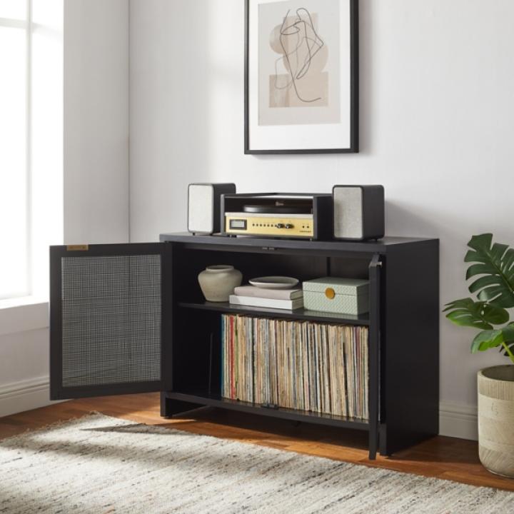Kenji Black Rattan Record Storage Media Cabinet